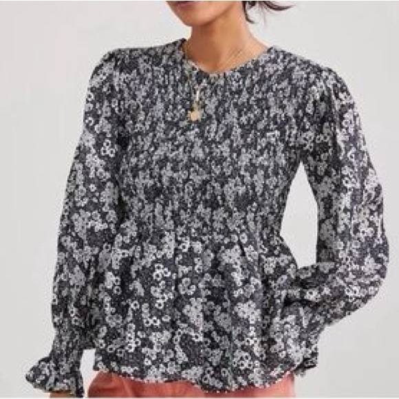 Faithfull The Brand x Anthropologie Biela Smocked Linen 8/M Black Floral Ruffled - Picture 7 of 7